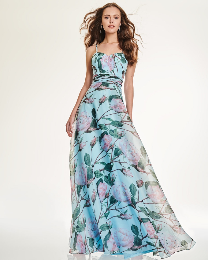 Long evening dress with floral motif