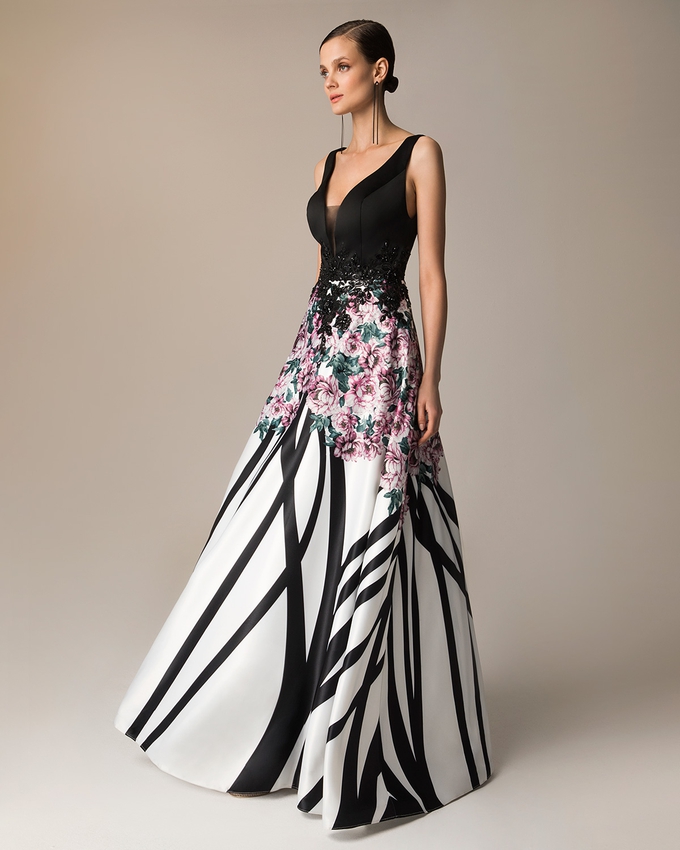 Long evening printed satin dress with applique lace on the waist and solid color top