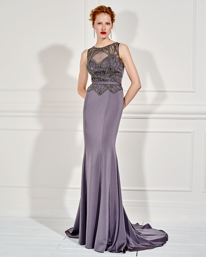 Long evening dress with beaded bust and narrow belt