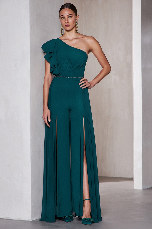 One shoulder cocktail jumpsuit with chiffon fabric