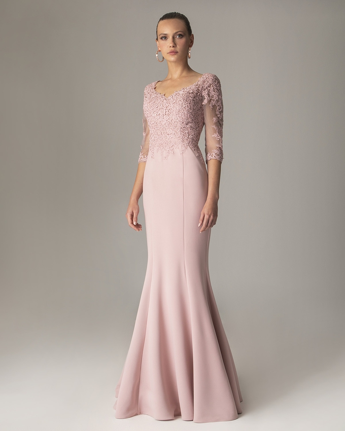 Long crepe dress with applique lace top and long sleeves