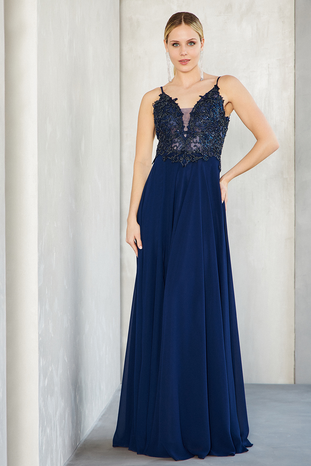 Evening Dresses / Long evening chiffon dress with beaded top, straps and open back