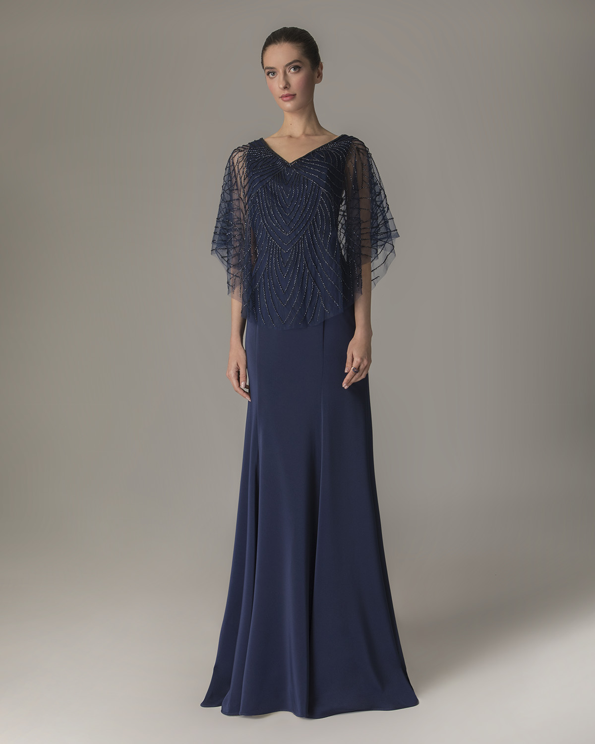 Classic Dresses / Long satin dress with beaded cape for the mother of the bride