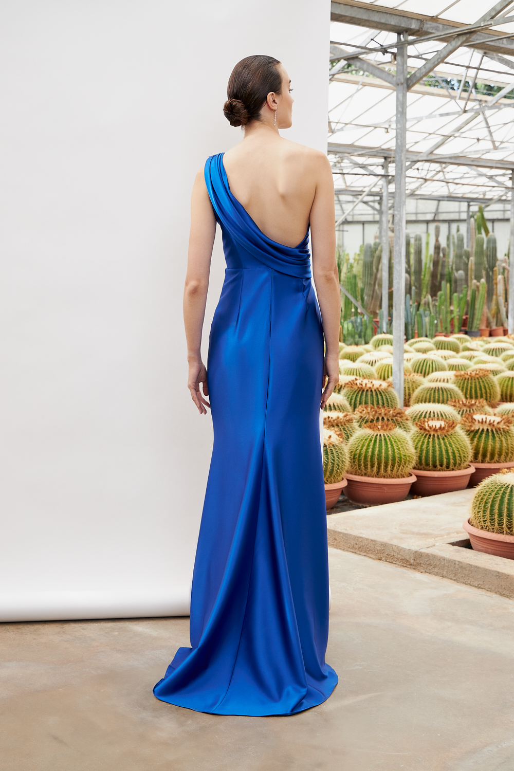 Evening Dresses / One shoulder long evening satin dress with beading on the shoulder and the waist